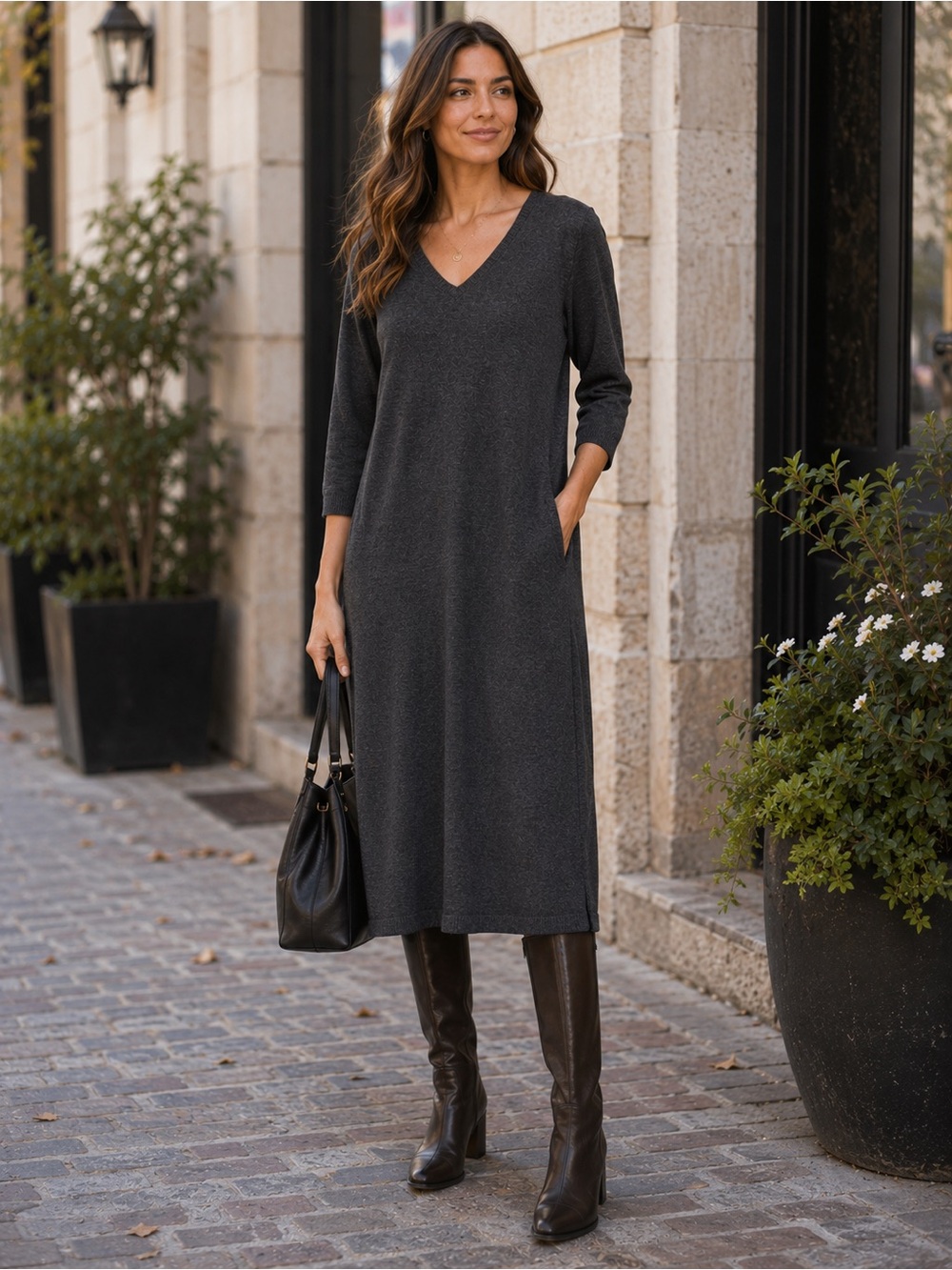 Calvin Klein Charcoal Gray V-Neck Knit T-Shirt Dress 3/4 Sleeve Med